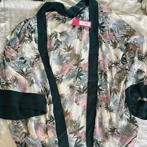 Floral Sheer Kimono with Dark Green Trim